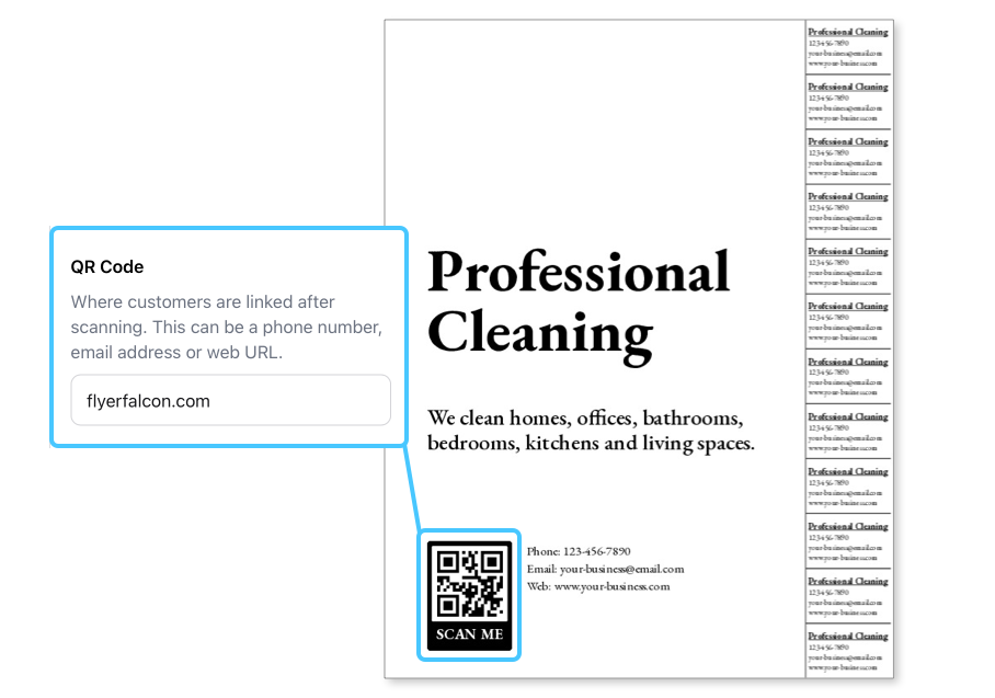 FlyerFalcon includes a QR Code generator, making it easy to include a digital CTA.